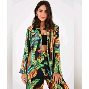 Farm Rio Preta Banana 100% Linen Tropical Novelty Chic Black Blazer Size Large